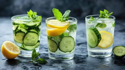 Fototapeta premium A collection of detox drinks including infused water with cucumber, lemon, and mint.