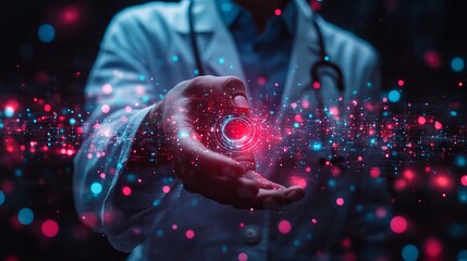 Medicine doctor with stethoscope touching digital medical network icon on virtual screen interface, modern health technology, connected clinical network and innovation concept