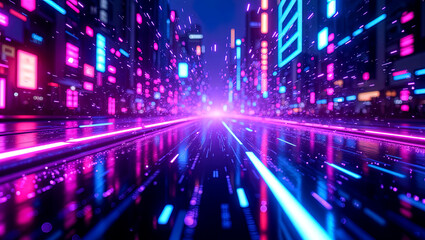 Fototapeta premium Neon-Lit Cyberpunk Cityscape with Flowing Data Streams and Holographic Binary Codes 