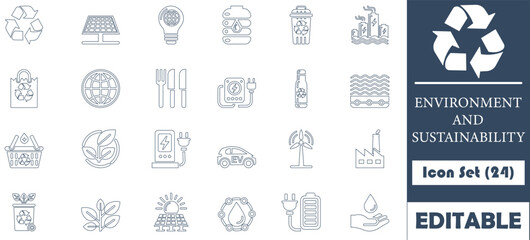 This 24-icon set represents sustainability, recycling, and renewable energy. Designed in a modern style, perfect for eco-projects, education, and green initiatives.