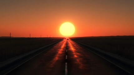 Vast Monochrome Highway at Dusk with Bright Sun and Long Shadows Over Asphalt Stretching into Horizon