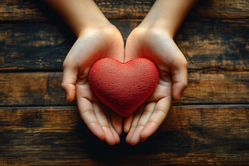 Two small hands cradle a bright red heart against a textured wood background, symbolizing care and love, perfect for Valentine's Day, family, and healthcare themes.