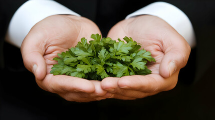 Hands holding parsley, sustainability concept