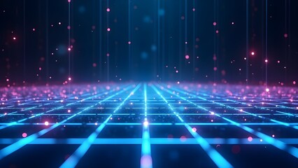 A Mesmerizing Digital Landscape Of Glowing Blue Grids And Pink Particles Descending Like A Futuristic Rain, Creating A Vibrant And Ethereal Atmosphere