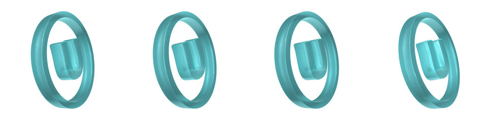 Set of 3d blue frosted glass of Greek letter upsilon shapes with circle outline isolated on a transparent background. 3d elements for graphic design.