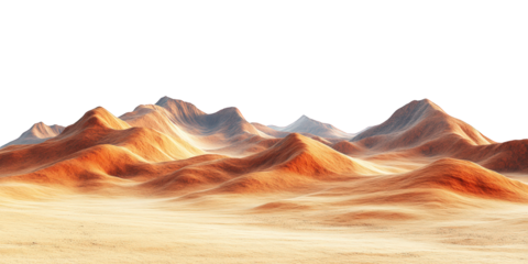 Mars-like desert landscapes with golden orange mountains and sand dunes, cut out. Extraterrestrial terrain visualization for science fiction and space concepts.Dramatic 3D rendered environment with ba