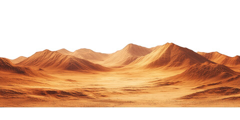 Naklejka premium Mars-like desert landscapes with golden orange mountains and sand dunes, cut out. Extraterrestrial terrain visualization for science fiction and space concepts.Dramatic 3D rendered environment with ba