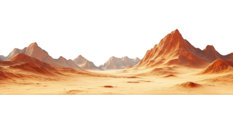Mars-like desert landscapes with golden orange mountains and sand dunes, cut out. Extraterrestrial terrain visualization for science fiction and space concepts.Dramatic 3D rendered environment with ba