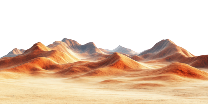 Mars-like desert landscapes with golden orange mountains and sand dunes, cut out. Extraterrestrial terrain visualization for science fiction and space concepts.Dramatic 3D rendered environment with ba