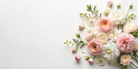 Feminine Flat Lay: Fresh Flowers & Blank Space for Design Elements - Wide Angle Stock Photo