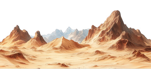Mars-like desert landscapes with golden orange mountains and sand dunes, cut out. Extraterrestrial terrain visualization for science fiction and space concepts.Dramatic 3D rendered environment with ba
