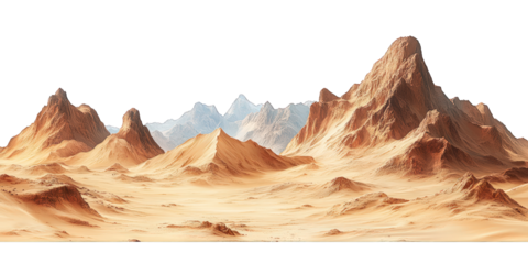 Mars-like desert landscapes with golden orange mountains and sand dunes, cut out. Extraterrestrial terrain visualization for science fiction and space concepts.Dramatic 3D rendered environment with ba