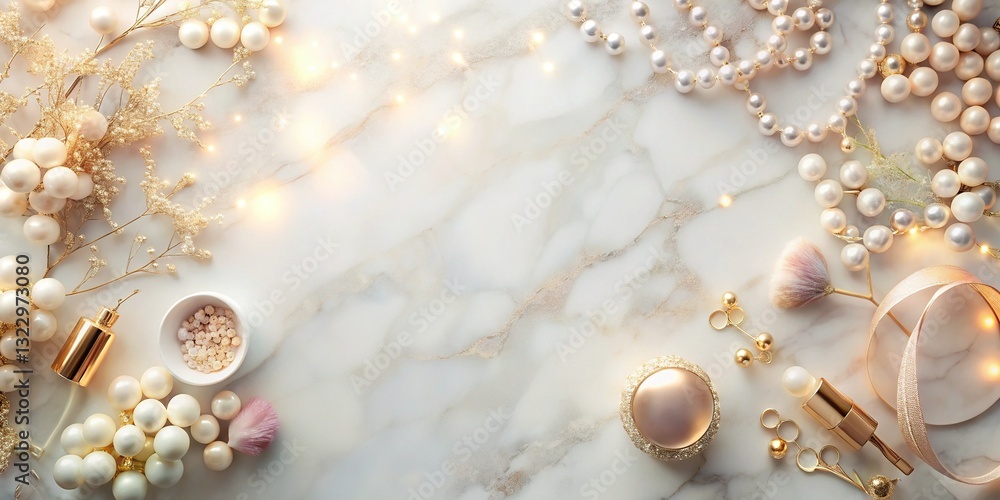 Poster flat lay feminine marble background with copy space - soft bokeh
