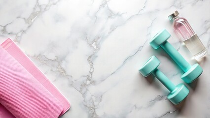 Flat Lay Feminine Lifestyle Photography: Marble Surface, Fitness Gear & Copy Space