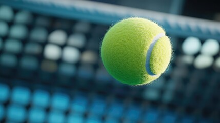 A close-up of a tennis ball mid-air, just before bouncing on the court surface.