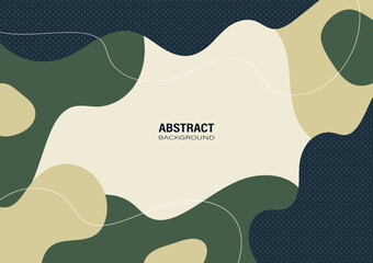 Abstract background with organic, fluid shapes in cool tones, including shades of navy, green, and beige. The design includes dotted patterns and curving white lines, appropriate for graphic design.