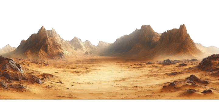 Mars-like desert landscapes with golden orange mountains and sand dunes, cut out. Extraterrestrial terrain visualization for science fiction and space concepts.Dramatic 3D rendered environment with ba