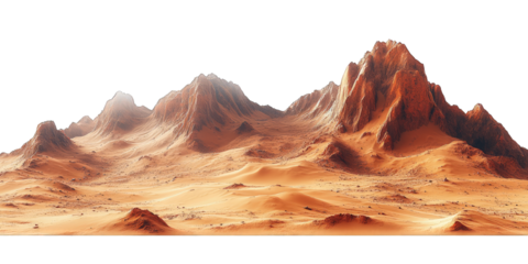 Mars-like desert landscapes with golden orange mountains and sand dunes, cut out. Extraterrestrial terrain visualization for science fiction and space concepts.Dramatic 3D rendered environment with ba