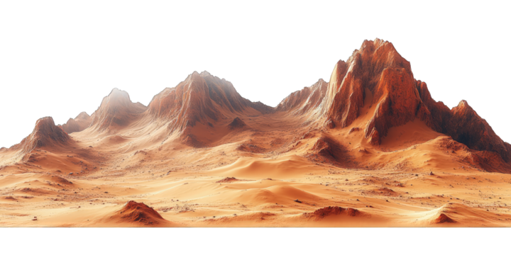 Mars-like desert landscapes with golden orange mountains and sand dunes, cut out. Extraterrestrial terrain visualization for science fiction and space concepts.Dramatic 3D rendered environment with ba