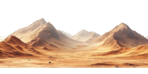 Mars-like desert landscapes with golden orange mountains and sand dunes, cut out. Extraterrestrial terrain visualization for science fiction and space concepts.Dramatic 3D rendered environment with ba