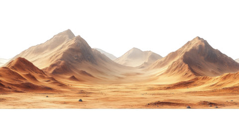 Mars-like desert landscapes with golden orange mountains and sand dunes, cut out. Extraterrestrial terrain visualization for science fiction and space concepts.Dramatic 3D rendered environment with ba