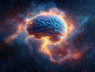 Vibrant Brain Illustration Surrounded by Cosmic Flames and Stars, 3d illustrative design