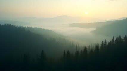 Serene Sunrise Over Misty Mountain Valleys And Tranquil Evergreen Forests, Bathed In Soft Golden Light