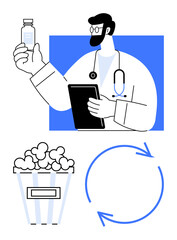 Doctor examines medicine bottle with clipboard in hand, popcorn bucket and circular arrows symbolizing recycling. Ideal for healthcare, wellness, nutrition, sustainability, lifestyle, environmental
