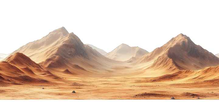 Mars-like desert landscapes with golden orange mountains and sand dunes, cut out. Extraterrestrial terrain visualization for science fiction and space concepts.Dramatic 3D rendered environment with ba
