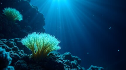 Serene Underwater World, A Vibrant Coral Garden Bathed In Sunlights Gentle Rays, Showcasing The Beauty Of Deep-sea Flora