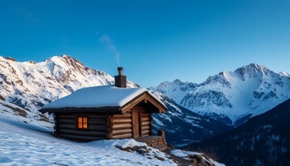 Cozy Snowy Cabin in Mountains with Smoke Against Clear Blue Sky