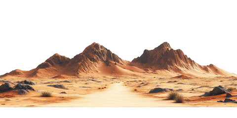 Mars-like desert landscapes with golden orange mountains and sand dunes, cut out. Extraterrestrial terrain visualization for science fiction and space concepts.Dramatic 3D rendered environment with ba