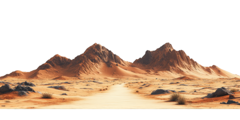 Mars-like desert landscapes with golden orange mountains and sand dunes, cut out. Extraterrestrial terrain visualization for science fiction and space concepts.Dramatic 3D rendered environment with ba