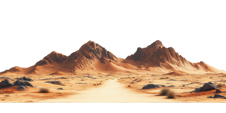 Mars-like desert landscapes with golden orange mountains and sand dunes, cut out. Extraterrestrial terrain visualization for science fiction and space concepts.Dramatic 3D rendered environment with ba