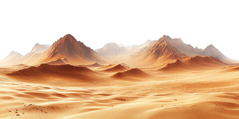 Fototapeta premium Mars-like desert landscapes with golden orange mountains and sand dunes, cut out. Extraterrestrial terrain visualization for science fiction and space concepts.Dramatic 3D rendered environment with ba