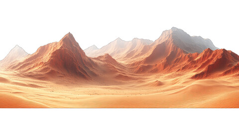 Naklejka premium Mars-like desert landscapes with golden orange mountains and sand dunes, cut out. Extraterrestrial terrain visualization for science fiction and space concepts.Dramatic 3D rendered environment with ba