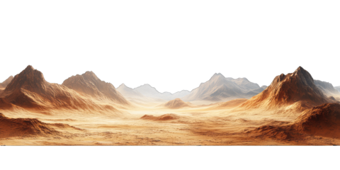 Mars-like desert landscapes with golden orange mountains and sand dunes, cut out. Extraterrestrial terrain visualization for science fiction and space concepts.Dramatic 3D rendered environment with ba
