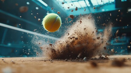 Fototapeta premium A dramatic shot of a tennis ball hitting the court, creating a small dust explosion on impact.