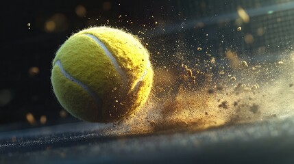 A dramatic shot of a tennis ball hitting the court, creating a small dust explosion on impact.