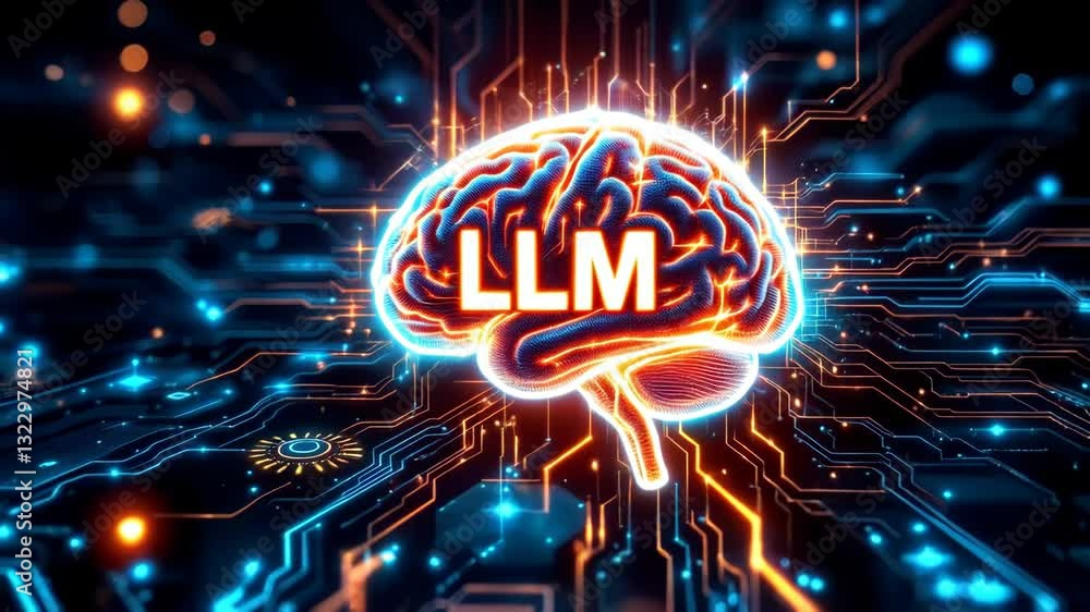 Poster llm, large language model conceot, glowing brain with circuits digital representation of neural inte