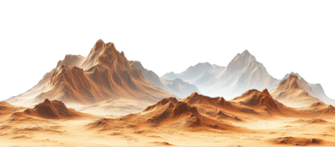 Mars-like desert landscapes with golden orange mountains and sand dunes, cut out. Extraterrestrial terrain visualization for science fiction and space concepts.Dramatic 3D rendered environment with ba
