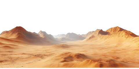 Naklejka premium Mars-like desert landscapes with golden orange mountains and sand dunes, cut out. Extraterrestrial terrain visualization for science fiction and space concepts.Dramatic 3D rendered environment with ba
