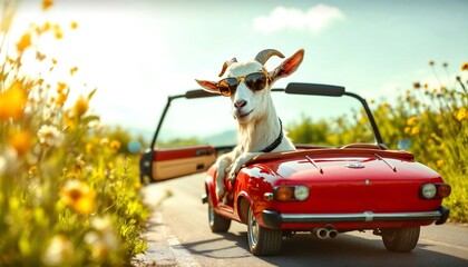 Goat Driving Convertible Car with Sunglasses on a Sunny Road Trip