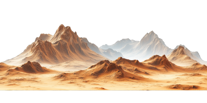 Mars-like desert landscapes with golden orange mountains and sand dunes, cut out. Extraterrestrial terrain visualization for science fiction and space concepts.Dramatic 3D rendered environment with ba