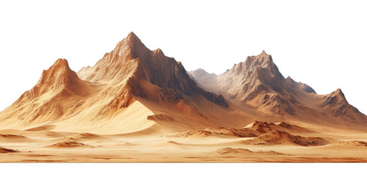 Mars-like desert landscapes with golden orange mountains and sand dunes, cut out. Extraterrestrial terrain visualization for science fiction and space concepts.Dramatic 3D rendered environment with ba