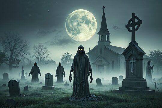 Haunted Souls Rising from a Foggy Cemetery with a Foreboding Church and Full Moon for Eerie Halloween Background Imagery