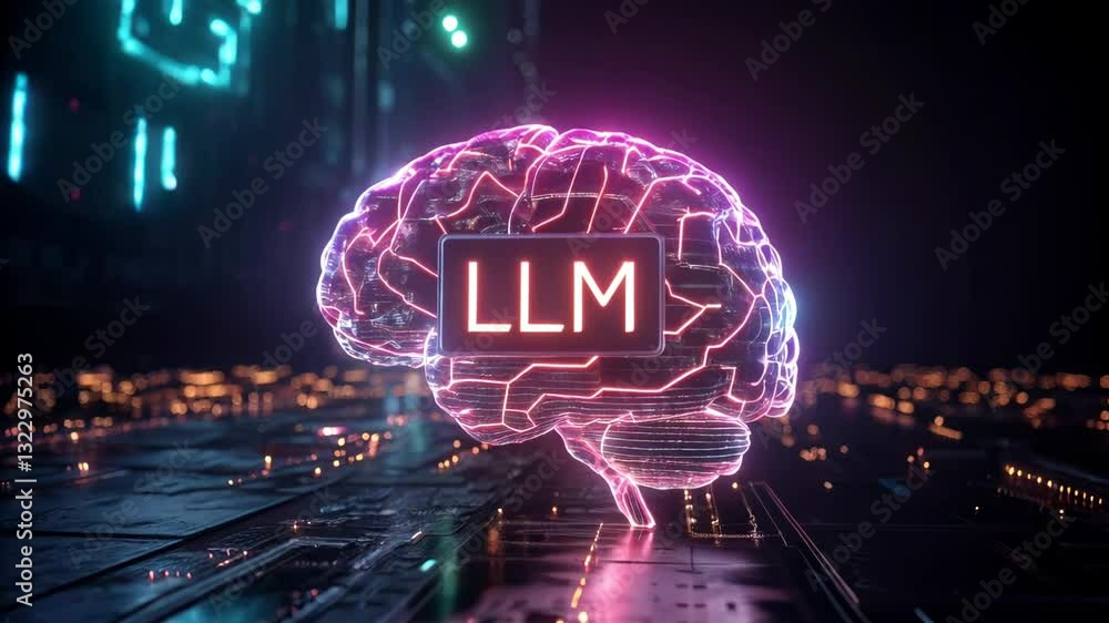 Poster llm, large language model conceot, futuristic digital brain glowing neon elements of artificial inte