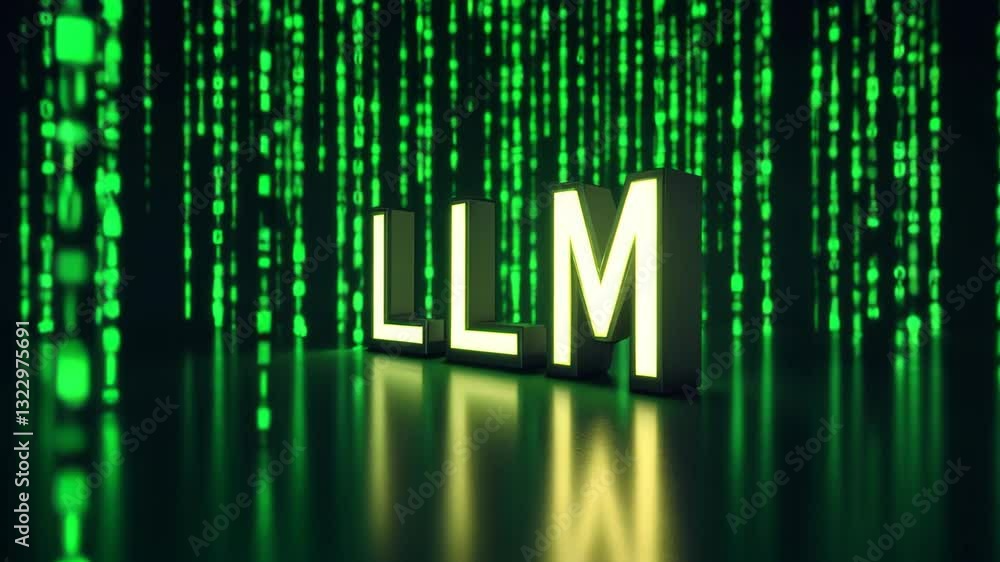 Poster llm, large language model conceot, illuminated letters llm green digital technology and innovation i