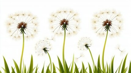 Obraz premium Dandelions seeds blowing, white background, spring, nature, design