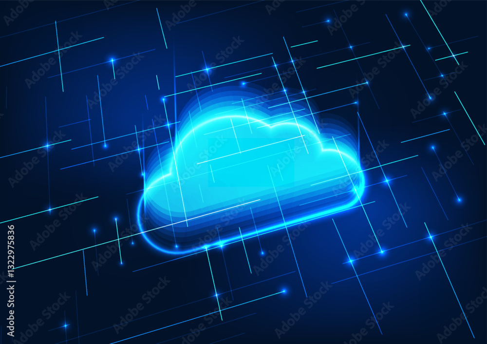 Poster cloud computing technology background. layered clouds represent electronic data storage technology o